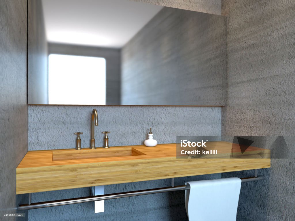 modern bathroom with concrete wall. 3D rendering Concrete tiles in modern, spacious bathroom. 3D rendering Bathroom Stock Photo