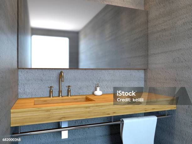 Modern Bathroom With Concrete Wall 3d Rendering Stock Photo - Download Image Now - Bathroom, Mirror - Object, Dark