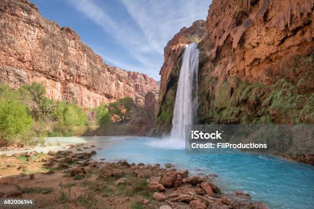 Beautiful Blue Turquoise Waters Of Havasu Falls Waterfall Part Of Grand Canyon Located In Arizona Stock Photo - Download Image Now