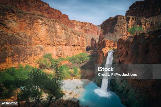 Beautiful Blue Turquoise Waters Of Havasu Falls Waterfall Part Of Grand Canyon Located In Arizona Stock Photo - Download Image Now