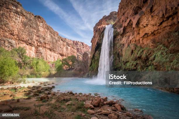 Beautiful Blue Turquoise Waters Of Havasu Falls Waterfall Part Of Grand Canyon Located In Arizona Stock Photo - Download Image Now