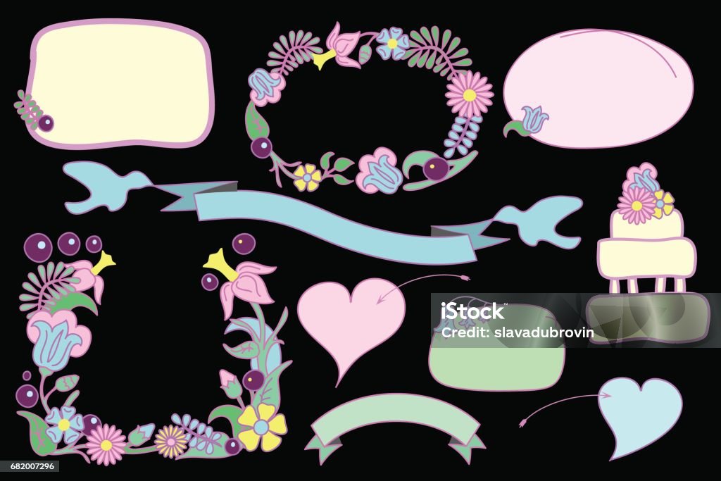 Flower frames and text bubbles vector clip art Flower frames and text bubbles vector clip art, flower frames isolated on black, romantic hearts and ribbon with doves, hand-drawn vector clipart for love letter and wedding invitation, love clip art Arrow Symbol stock vector