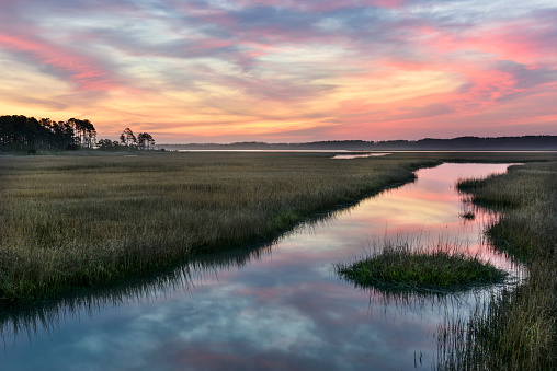 Dawn with clouds reflecting in ocean inlet on Chincoteague Island, Virginia