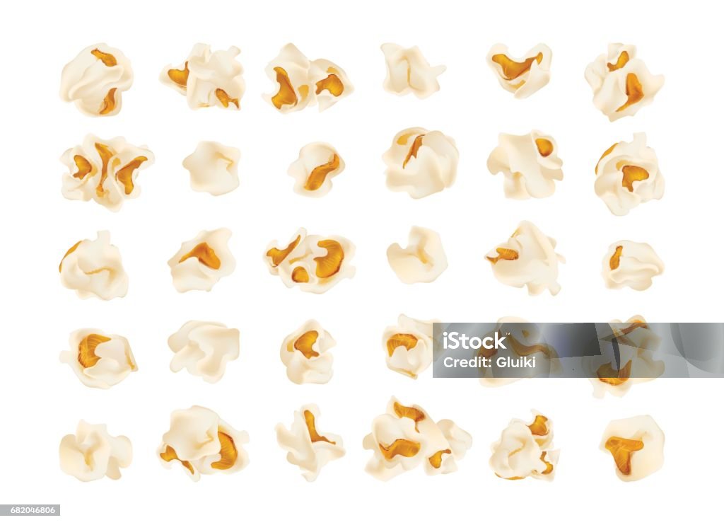 Set of popcorn, isolated on white. Set of popcorn, isolated on white. Drawn vector illustration, realistic popcorn background for cinema, movie, film, food, theater,.. design. Popcorn stock vector