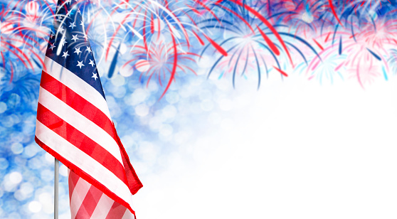 USA flag and bokeh background with firework and copy space for 4 july independence day and other celebration