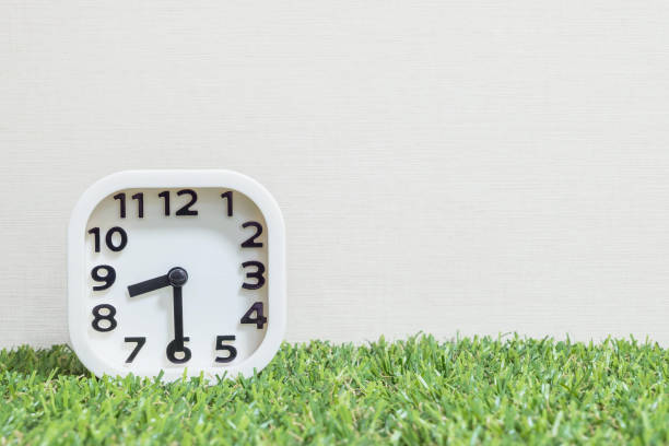 istock Closeup white clock for decorate show a half past eight or 8:30 a.m. on green artificial grass floor and cream wallpaper textured background with copy space 682061122
