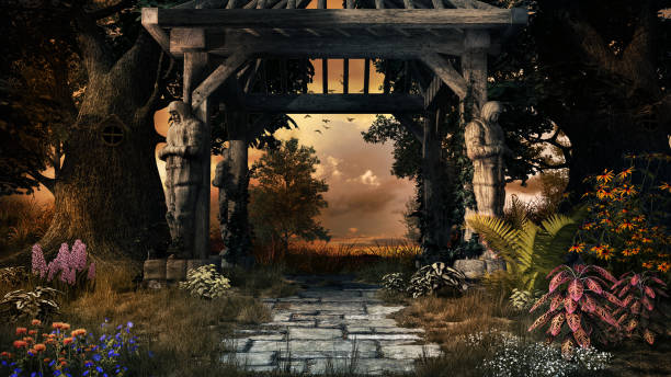 Autumn garden with wooden pergola, trees and flowers
