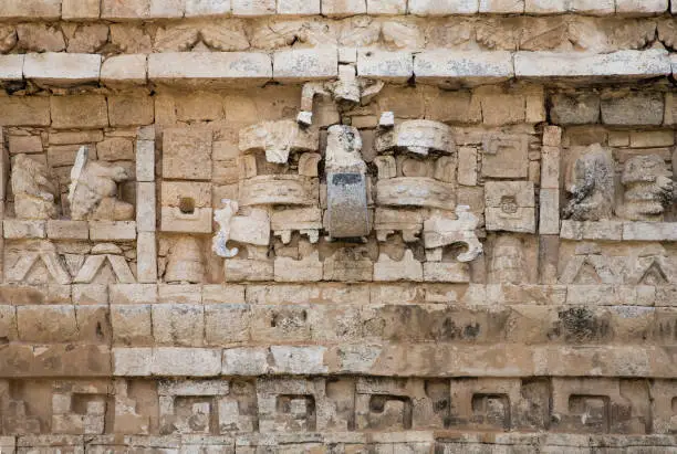 Photo of old Mayan symbol gravings in stone at Chichen Itza, Mexico