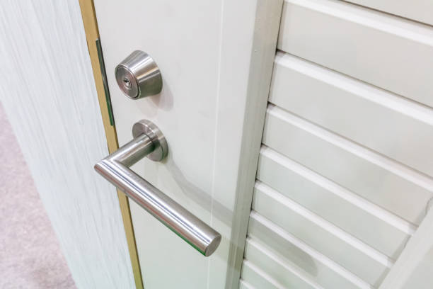 istock Mortise lock on modern wooden door 682071466