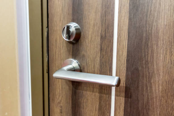 istock Mortise lock on modern wooden door 682071642
