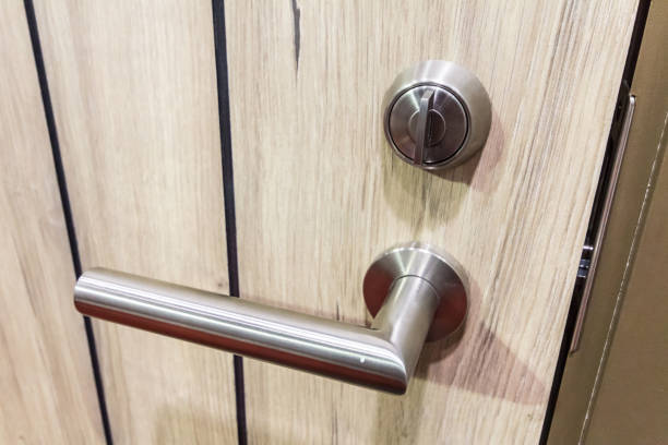 istock Mortise lock on modern wooden door 682074270