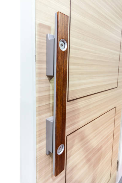 istock Mortise lock on modern wooden door 682074428