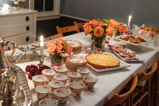 istock Occasions - Christmas Table Setting with Dessert and Silver Coffee Service 682074434