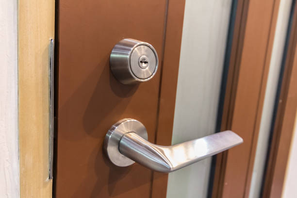 istock Mortise lock on modern wooden door 682074868