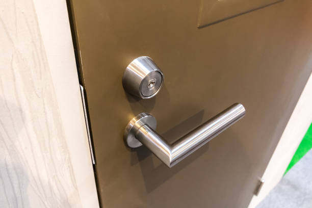istock Mortise lock on modern wooden door 682074946