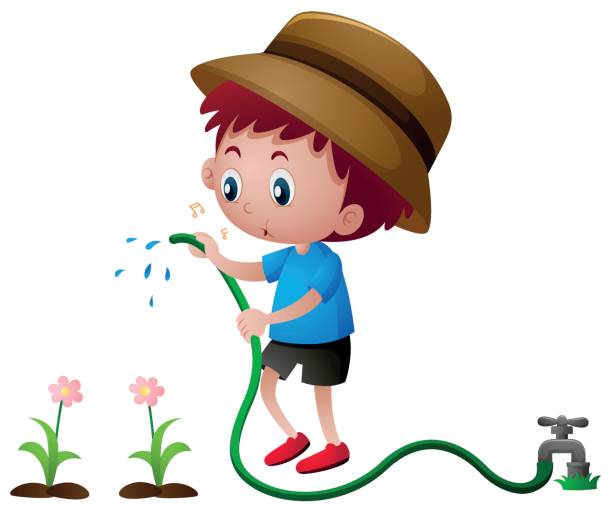 ilustraciones, imágenes clip art, dibujos animados e iconos de stock de plantas riego boy con manguera - hose clip