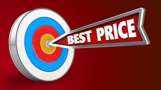 3d illustration of best price arrow with archery target over red background