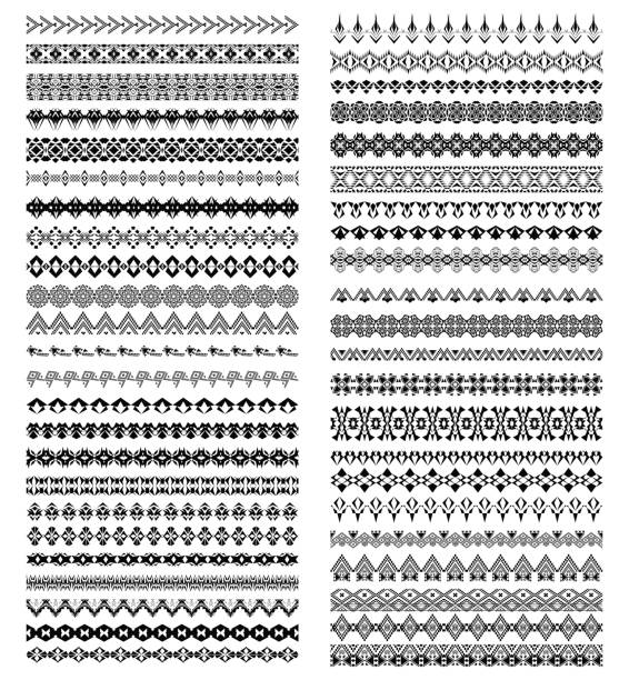 Big vector set of geometric black borders in ethnic style. Collection of pattern brushes inside. Aztec tribal ornaments