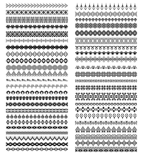 Big vector set of geometric black borders in ethnic style. Collection of pattern brushes inside Big vector set of geometric black borders in ethnic style. Collection of pattern brushes inside. Aztec tribal ornaments aboriginal art stock illustrations
