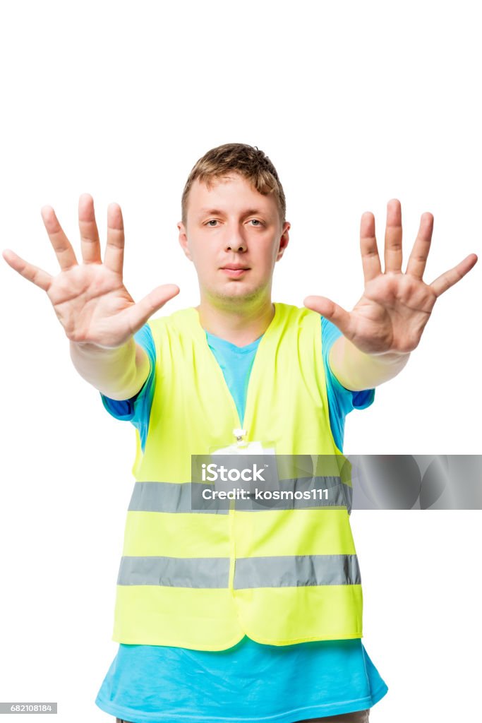 Mann In Weste Zeigt Hände Mit Geste Von Stop Auf Weißem Hintergrund