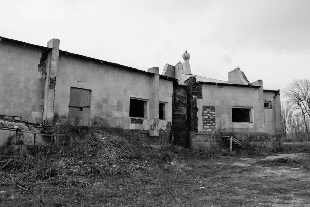 istock Old abandoned building in Ukraine. Black and white tone 682109426