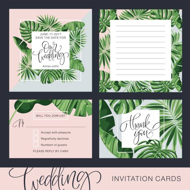 Wedding Invitation Card. Tropical Background. Banana. Save the Date. Vector Template. RSVP. Wedding Invitation Card. Tropical Background. Banana. Save the Date. Vector Template. RSVP. banana borders stock illustrations