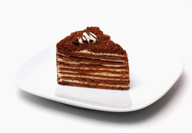 istock A piece of chocolate cake with cream on a plate on a white background 682125990