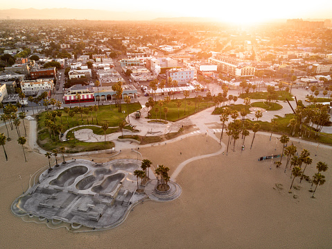 Aerial view of empty pools in skate park on Venice Beach, California.