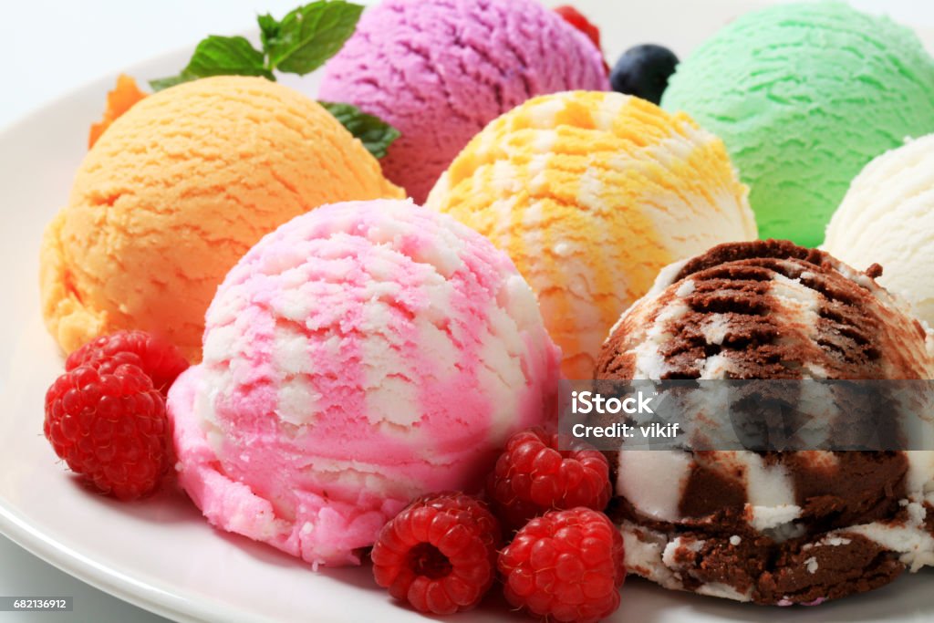 Assorted ice cream Assorted ice cream scoops and fresh raspberries Ice Cream Stock Photo