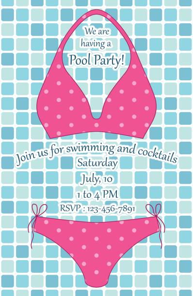 Cute swimsuit on pool tiles background as pool party invitation Cute swimsuit on pool tiles background as pool party invitation for your decoration polka dot bathing suit stock illustrations