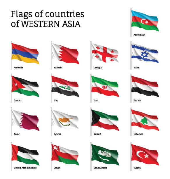 Flags on flagpole Western Asian Set of waving flags of Western Asian countries - Qatar, Lebanon, Kuwait and Saudi Arabia, Arab Emirates, Cyprus, Lebanese, Oman. 17 ensigns of Asia states. Vector isolated icons qatar flag stock illustrations