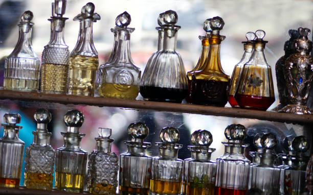 closeup of perfume or attar bottles stock photo