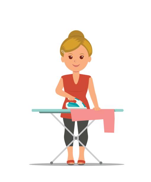 만화 여자 주부 다리미 보드에 옷을 다림 질. - iron women ironing board stereotypical housewife stock illustrations