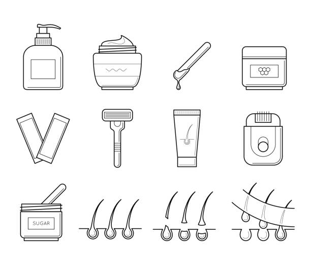 Icons tools for hair removal. Vector icons set of tools for hair removal. Spa symbol in thin line style. Cosmetic equipment for depilation and epilation procedure. Outline simple illustrations isolated on white wax stock illustrations