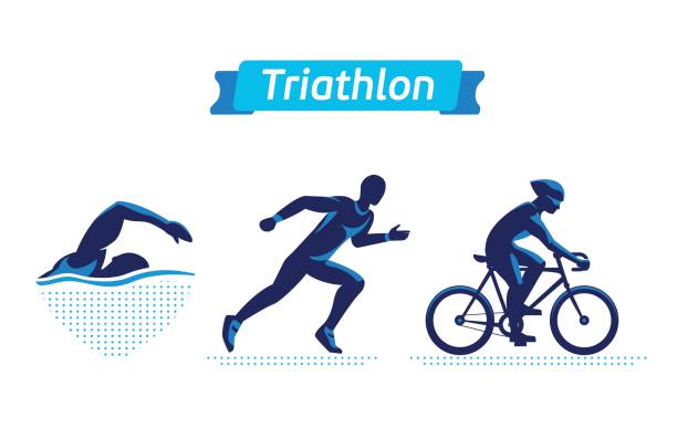 ilustraciones, imágenes clip art, dibujos animados e iconos de stock de triatlón símbolos o insignias conjunto. triatletas de figuras vectoriales - triatleta