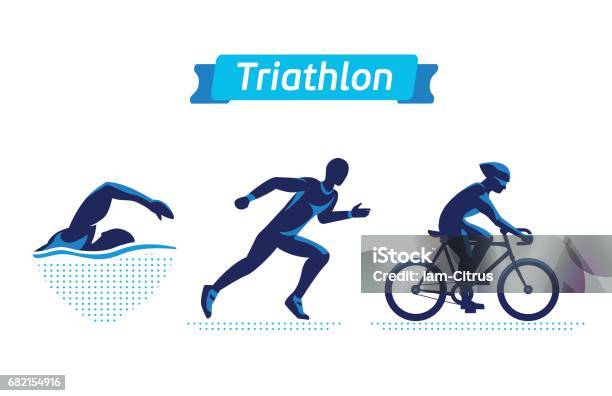 Ilustración de Triatlón Símbolos O Insignias Conjunto Triatletas De Figuras Vectoriales y más Vectores Libres de Derechos de Natación