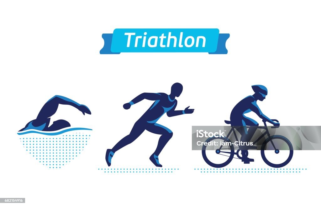 Set di simboli o distintivi di triathlon. Triatleti di figure vettoriali - arte vettoriale royalty-free di Nuoto