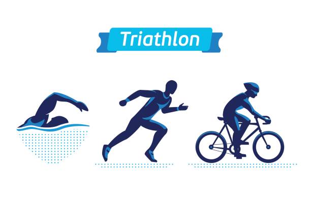 Triathlon symbols or badges set. Vector figures triathletes Triathlon symbols or badges set. Vector figures triathletes on a white background. Swimming, cycling and running man. Flat silhouettes swimming silhouettes stock illustrations