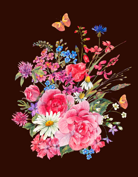 istock Watercolor bouquets of wildflowers and roses 682158308