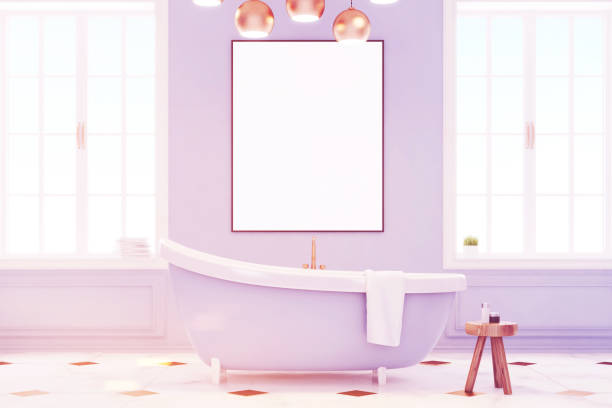 istock Blue bathroom interior with poster, toned 682158790