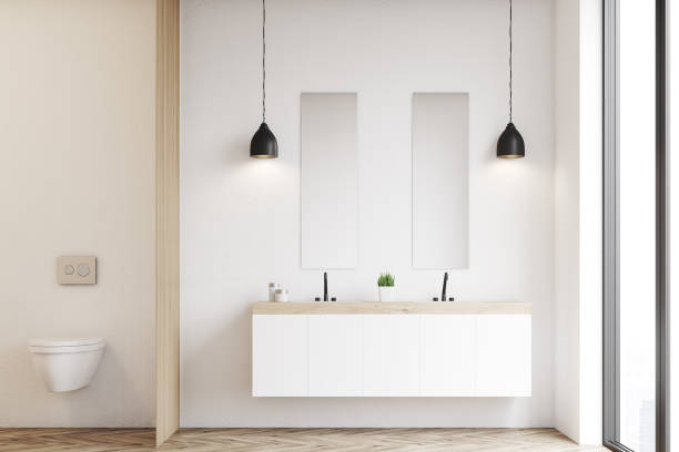 istock Toilet and sink, white wall 682159096