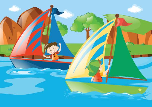 Two boys sailing boat in river Two boys sailing boat in river illustration sail boat clipart pictures stock illustrations