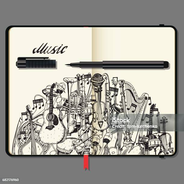 Vector Notebooks With Pencil And Hand Drawn Doodles Collection Of Music Instruments Music And Recreation Time Concept Stock Illustration - Download Image Now