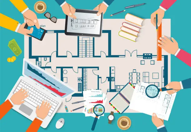 Vector illustration of Team of people working together to plan construction of house. Teamwork on architectural planning.