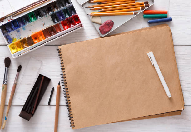 istock Drawing tools, stationary, workplace of artist 682187544
