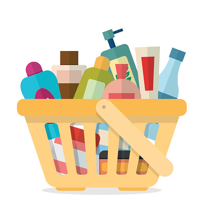 Shopping basket with tubes and vials cosmetics for beauty and care. Flat style vector illustration.