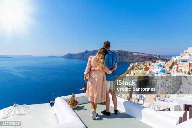 Young Couple On Island Of Santorini Stock Photo - Download Image Now - Couple - Relationship, Greece, Santorini