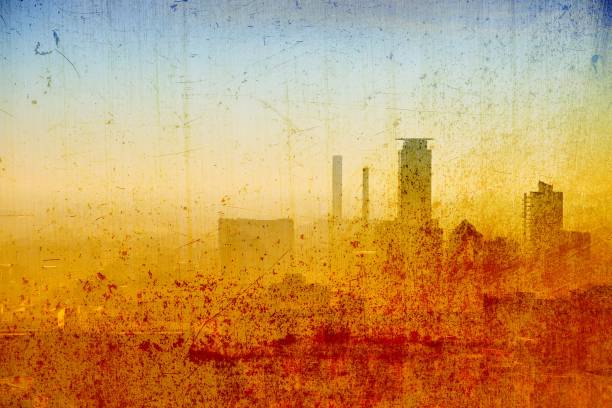 istock Vintage city skyline in blue and orange tones. 682197530