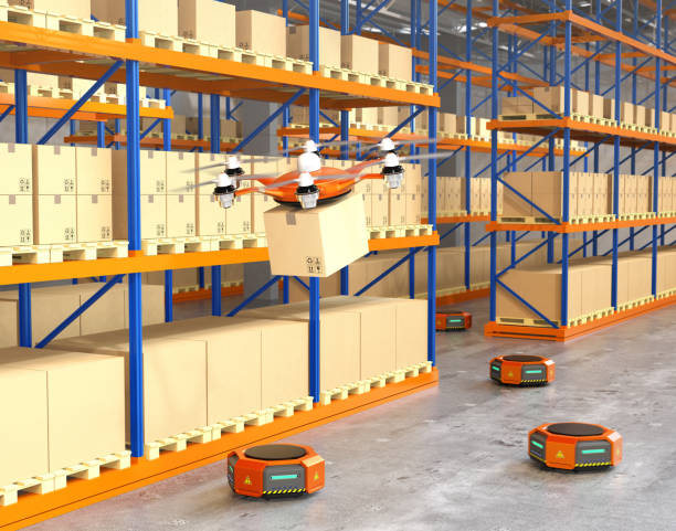 istock Drone and orange robots in modern warehouse 682200578