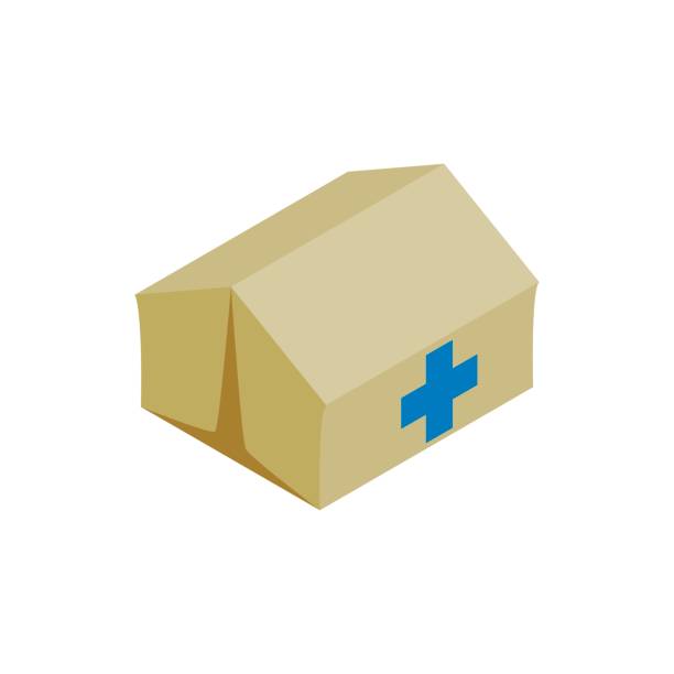 Medical center for refugees icon, isometric style Medical center for refugees icon in isometric 3d style isolated on white background. Medicine and treatment symbol crash site stock illustrations